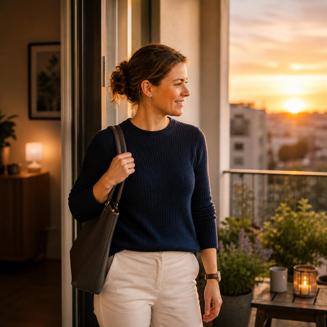 Woman arriving home happy and energised after a full workday