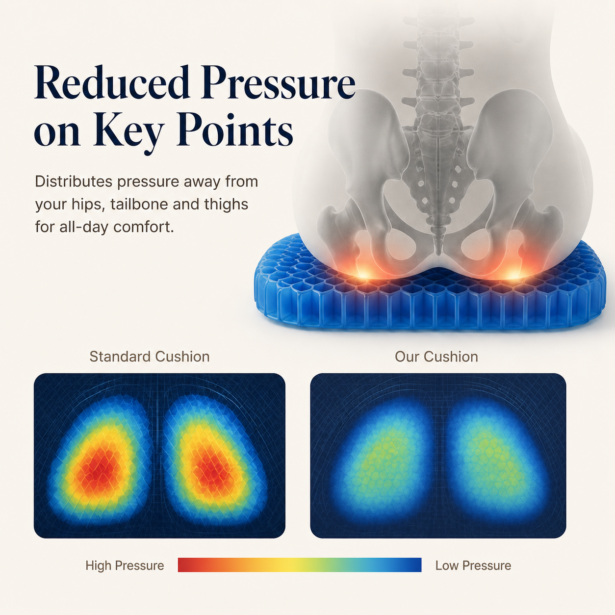 Reduced pressure on tailbone and sit bones